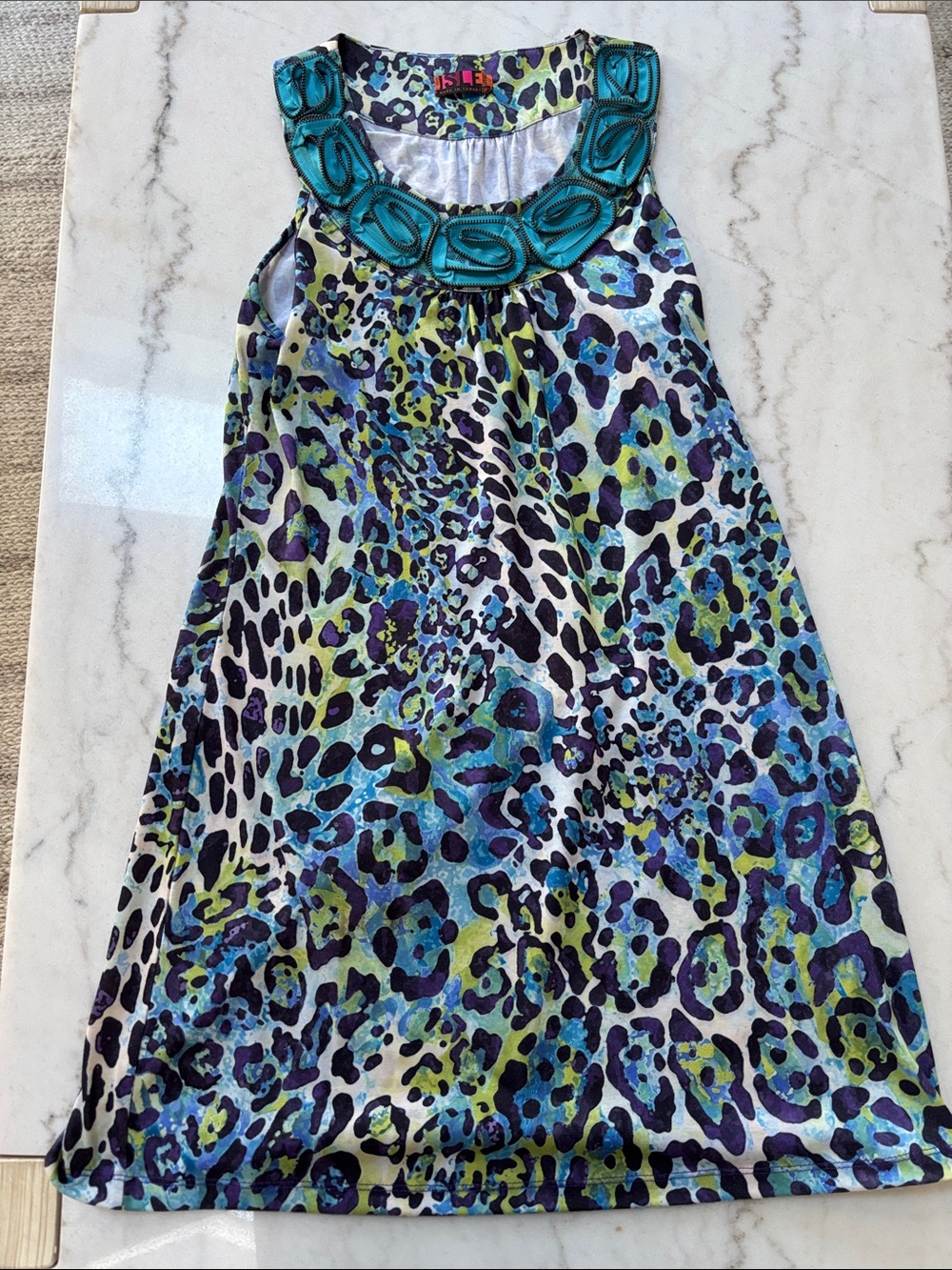 Sleeveless Blue Green Leopard Print Dress with Embellished Neckline